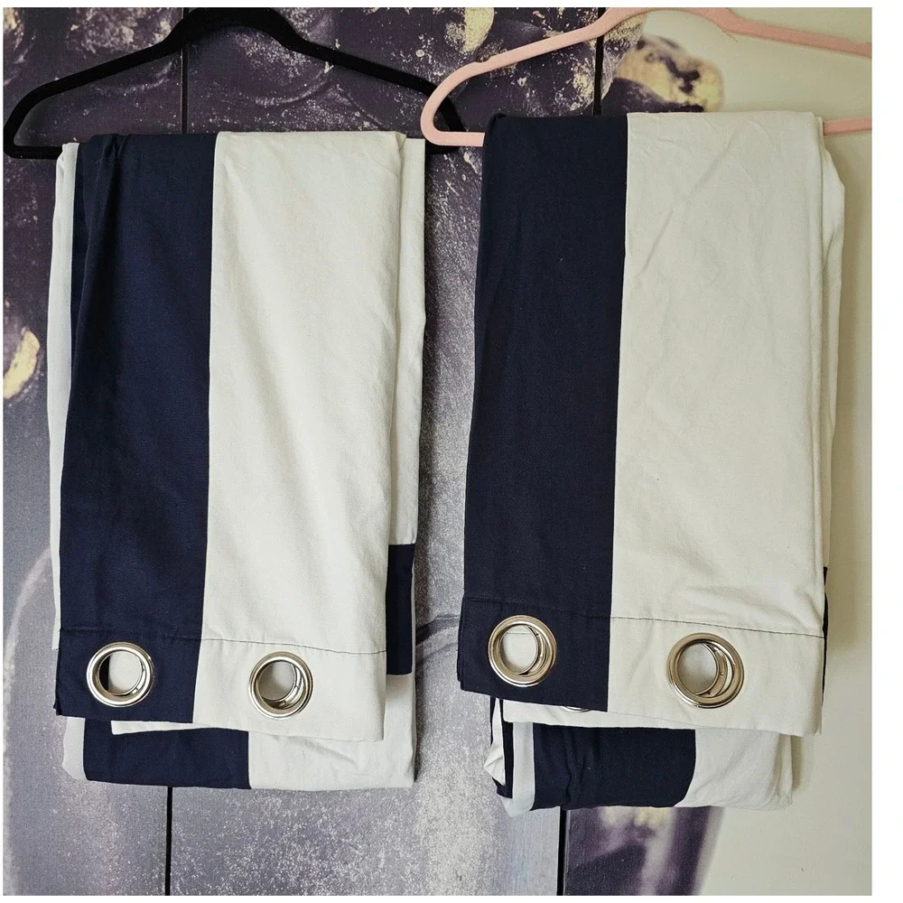 Pottery Barn Kids Navy White Border Blackout Grommet Curtain Panels Set of 2